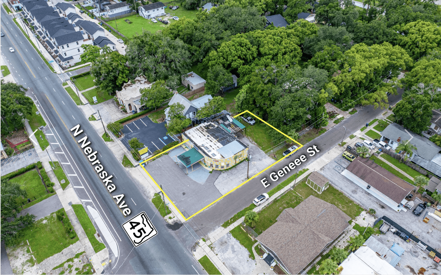Aerial view outlining the Seminole Heights development lot at Nebraska Avenue and Genesee Street