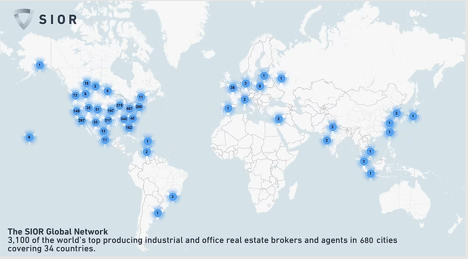 SIOR global network map showing members across 34 countries