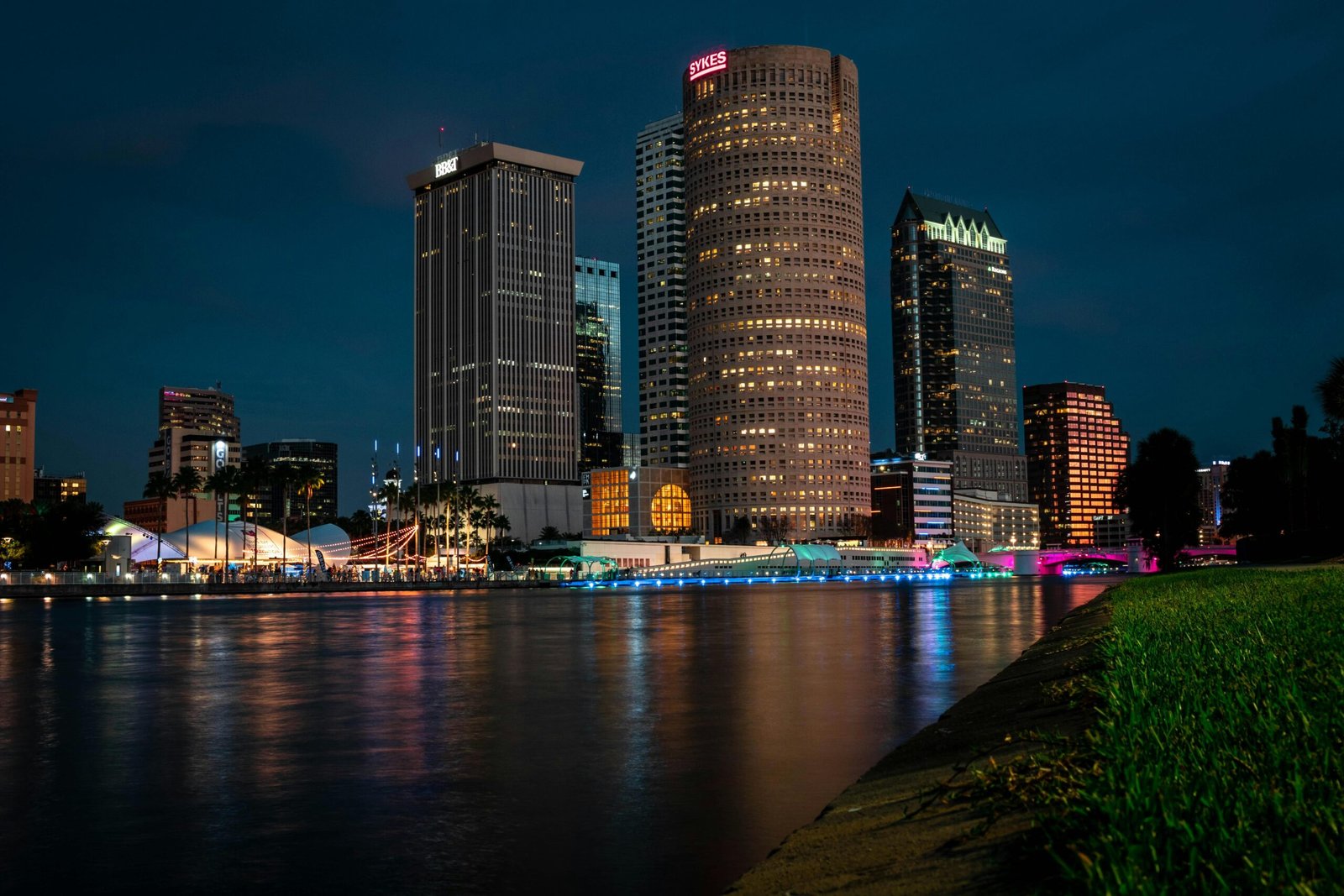 Tampa skyline reflected across the Hillsborough River at blue hour